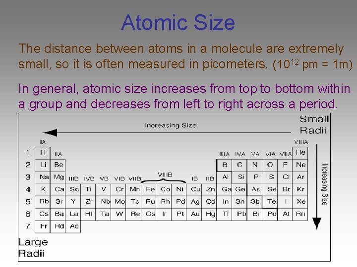 Atomic Size The distance between atoms in a molecule are extremely small, so it