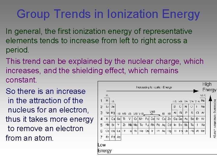Group Trends in Ionization Energy In general, the first ionization energy of representative elements