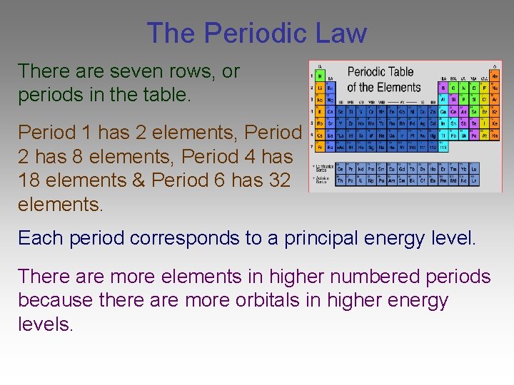 The Periodic Law There are seven rows, or periods in the table. Period 1