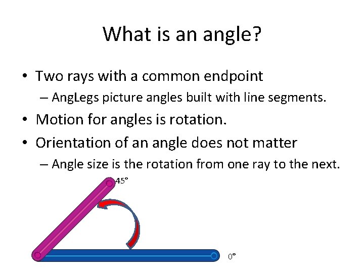 What is an angle? • Two rays with a common endpoint – Ang. Legs