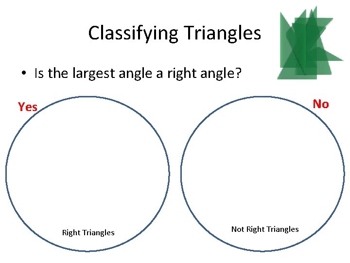 Classifying Triangles • Is the largest angle a right angle? No Yes Right Triangles