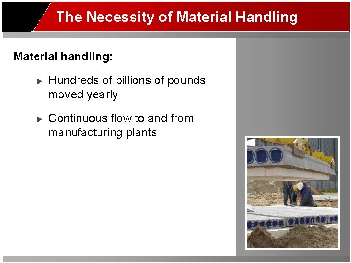 The Necessity of Material Handling Material handling: ► Hundreds of billions of pounds moved