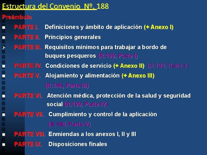Estructura del Convenio Nº. 188 Preámbulo n PARTE I. Definiciones y ámbito de aplicación