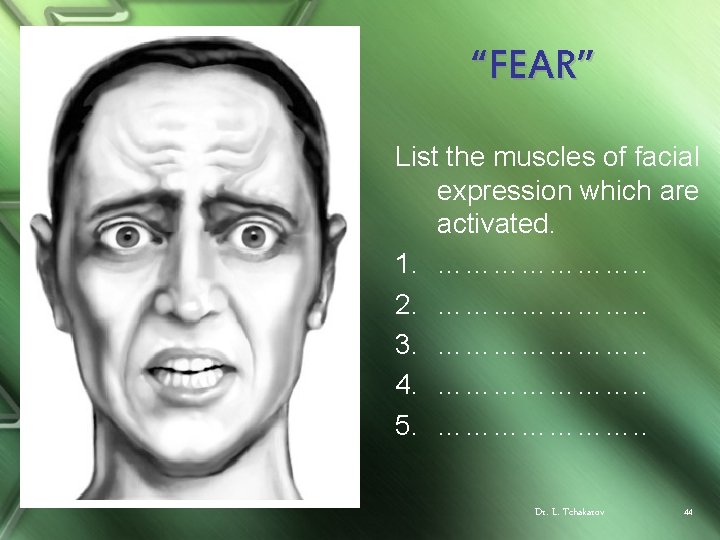 “FEAR” List the muscles of facial expression which are activated. 1. …………………. . 2.