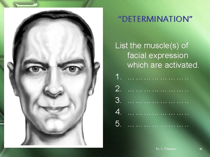 “DETERMINATION” List the muscle(s) of facial expression which are activated. 1. …………………. . 2.