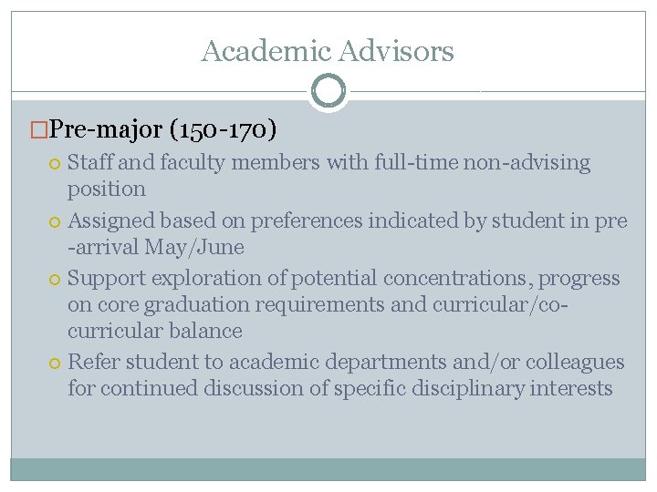 Academic Advisors �Pre-major (150 -170) Staff and faculty members with full-time non-advising position Assigned