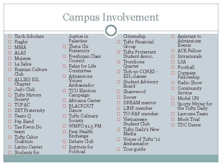 Campus Involvement � � � � � Tisch Scholars Rugby MMA ALAS Mujeres La