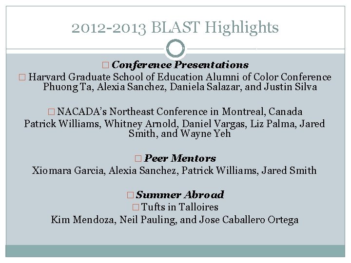 2012 -2013 BLAST Highlights � Conference Presentations � Harvard Graduate School of Education Alumni