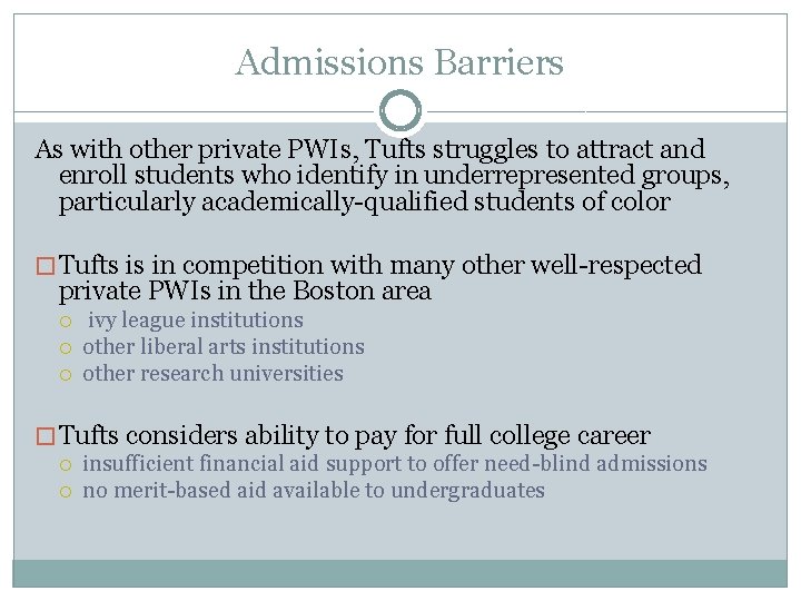 Admissions Barriers As with other private PWIs, Tufts struggles to attract and enroll students