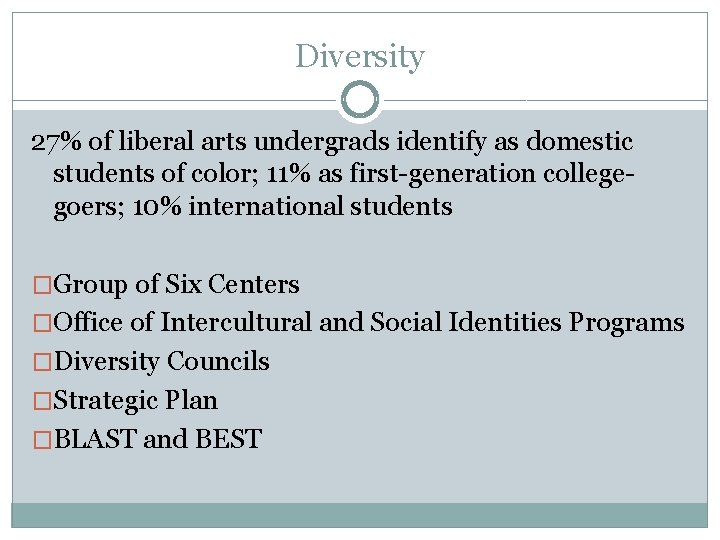 Diversity 27% of liberal arts undergrads identify as domestic students of color; 11% as