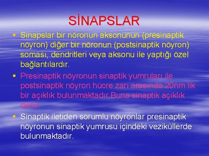 SİNAPSLAR § Sinapslar bir nöronun aksonunun (presinaptik nöyron) diğer bir nöronun (postsinaptik nöyron) soması,