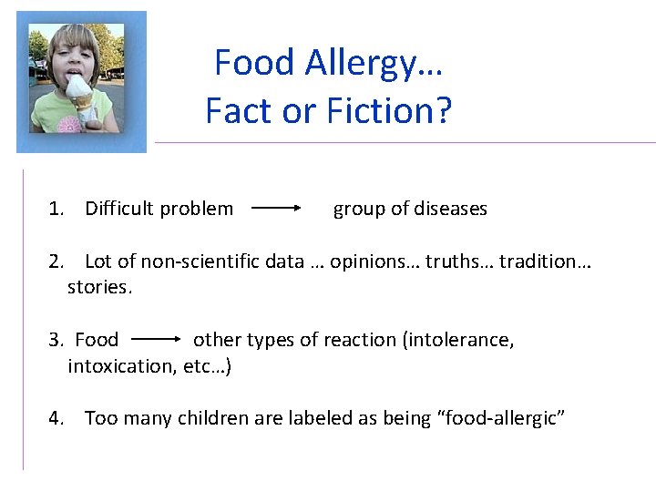 Food Allergy… Fact or Fiction? 1. Difficult problem group of diseases 2. Lot of