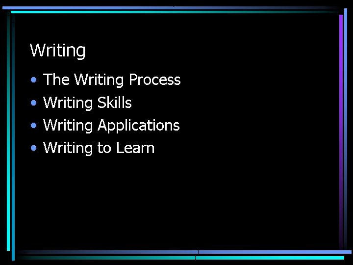 Writing • • The Writing Process Writing Skills Writing Applications Writing to Learn 