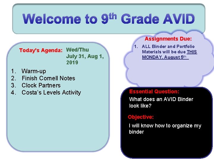 Welcome to th 9 Grade AVID Assignments Due: Today’s Agenda: Wed/Thu July 31, Aug
