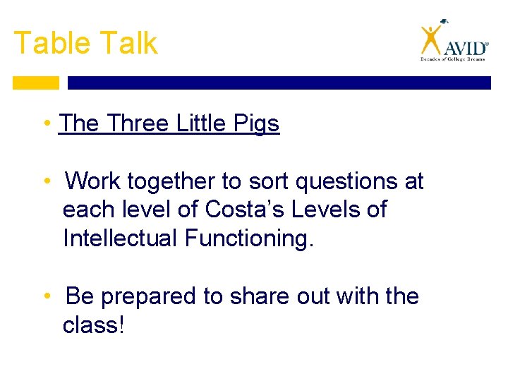 Table Talk • The Three Little Pigs • Work together to sort questions at