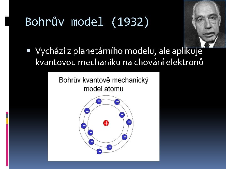 Bohrův model (1932) Vychází z planetárního modelu, ale aplikuje kvantovou mechaniku na chování elektronů