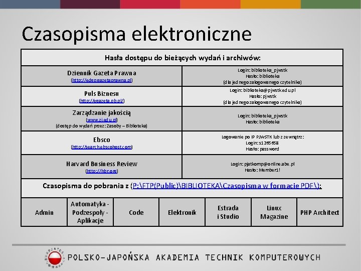 Czasopisma elektroniczne Hasła dostępu do bieżących wydań i archiwów: Dziennik Gazeta Prawna Login: biblioteka_pjwstk