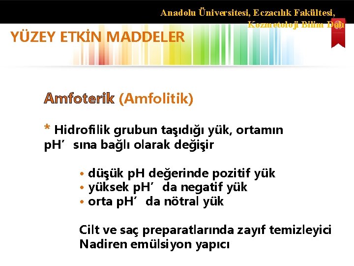 Anadolu Üniversitesi, Eczacılık Fakültesi, Kozmetoloji Bilim Dalı YÜZEY ETKİN MADDELER Amfoterik (Amfolitik) * Hidrofilik