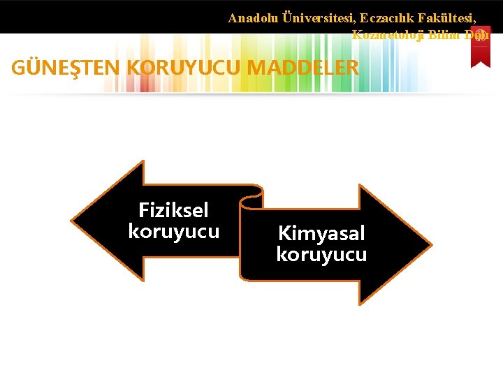 Anadolu Üniversitesi, Eczacılık Fakültesi, Kozmetoloji Bilim Dalı GÜNEŞTEN KORUYUCU MADDELER Fiziksel koruyucu Kimyasal koruyucu