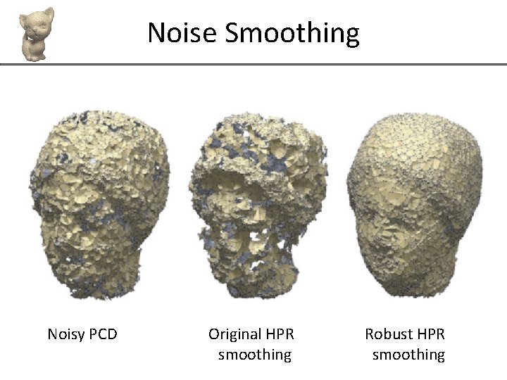 Noise Smoothing Noisy PCD Original HPR smoothing Robust HPR smoothing 