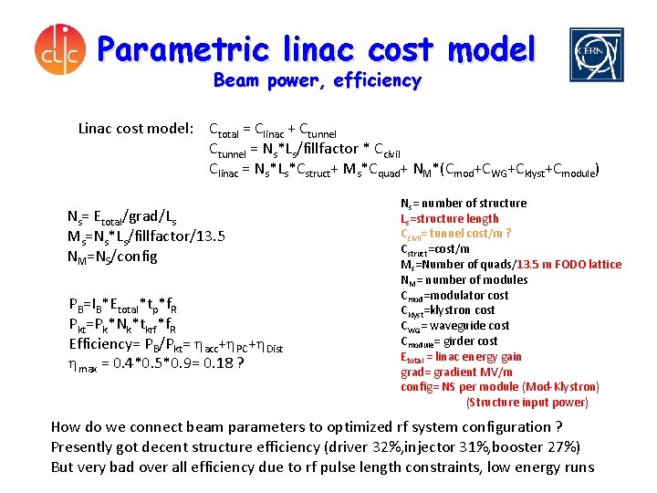 Parametric linac cost model Beam power, efficiency Linac cost model: Ctotal = Clinac +