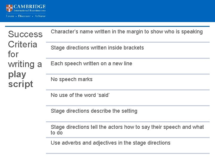 Success Criteria for writing a play script Character’s name written in the margin to