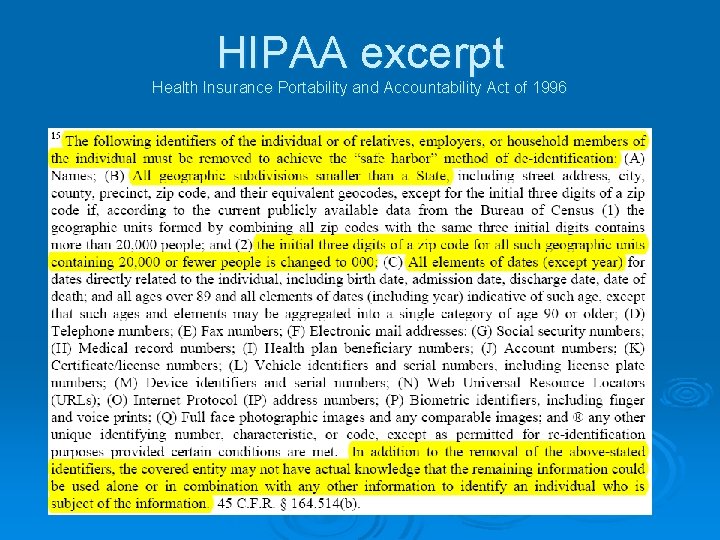 HIPAA excerpt Health Insurance Portability and Accountability Act of 1996 