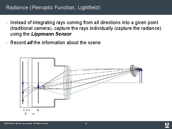 Radiance (Plenoptic Function, Lightfield) § Instead of integrating rays coming from all directions into