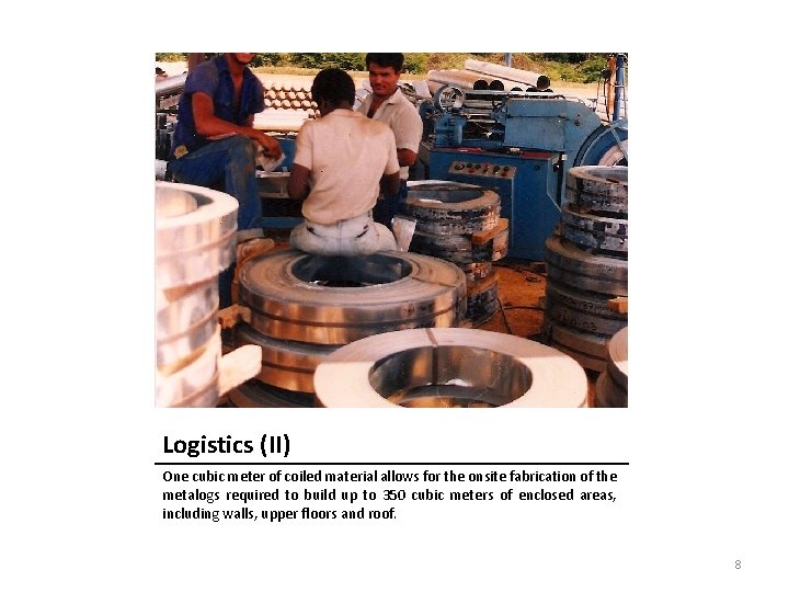 Logistics (II) One cubic meter of coiled material allows for the onsite fabrication of