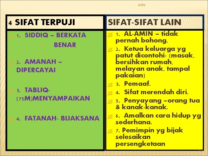 anita 4 SIFAT TERPUJI 1. SIDDIQ – BERKATA BENAR SIFAT-SIFAT LAIN 2. AMANAH – anita 4 SIFAT TERPUJI 1. SIDDIQ – BERKATA BENAR SIFAT-SIFAT LAIN 2. AMANAH –