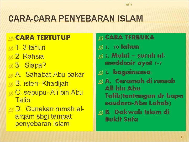 anita CARA-CARA PENYEBARAN ISLAM CARA TERTUTUP 1. 3 tahun 2. Rahsia. 3. Siapa? A. anita CARA-CARA PENYEBARAN ISLAM CARA TERTUTUP 1. 3 tahun 2. Rahsia. 3. Siapa? A.