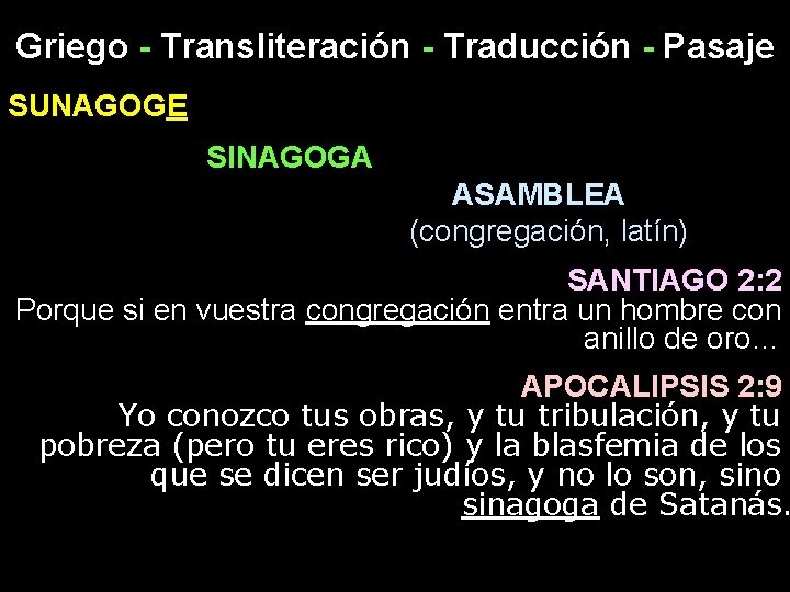Griego - Transliteración - Traducción - Pasaje SUNAGOGE SINAGOGA ASAMBLEA (congregación, latín) SANTIAGO 2: