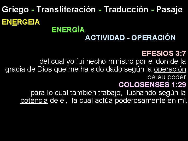 Griego - Transliteración - Traducción - Pasaje ENERGEIA ENERGÍA ACTIVIDAD - OPERACIÓN EFESIOS 3: