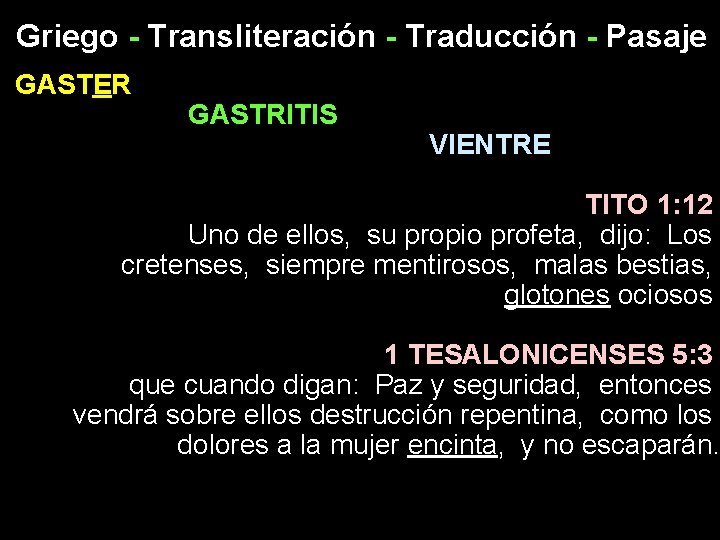 Griego - Transliteración - Traducción - Pasaje GASTER GASTRITIS VIENTRE TITO 1: 12 Uno