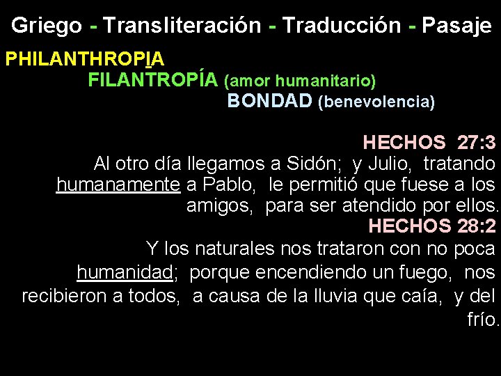 Griego - Transliteración - Traducción - Pasaje PHILANTHROPIA FILANTROPÍA (amor humanitario) BONDAD (benevolencia) HECHOS