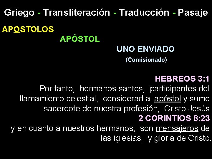 Griego - Transliteración - Traducción - Pasaje APOSTOLOS APÓSTOL UNO ENVIADO (Comisionado). HEBREOS 3: