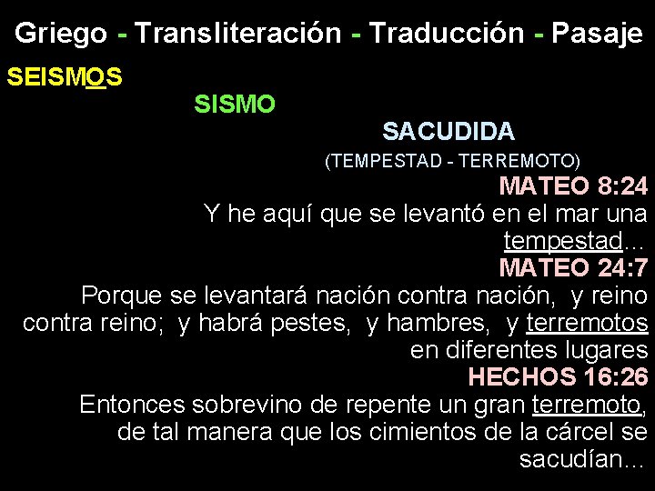 Griego - Transliteración - Traducción - Pasaje SEISMOS SISMO SACUDIDA (TEMPESTAD - TERREMOTO) MATEO