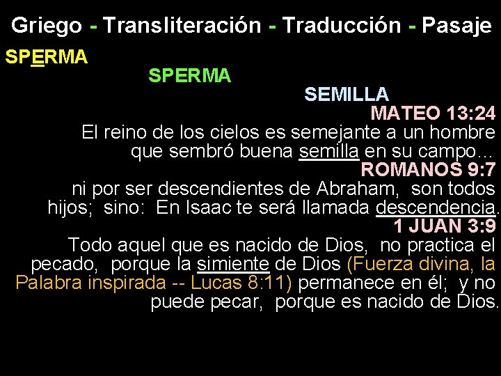 Griego - Transliteración - Traducción - Pasaje SPERMA SEMILLA MATEO 13: 24 El reino