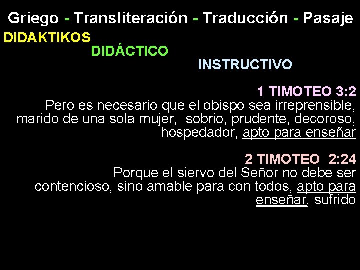 Griego - Transliteración - Traducción - Pasaje DIDAKTIKOS DIDÁCTICO INSTRUCTIVO 1 TIMOTEO 3: 2
