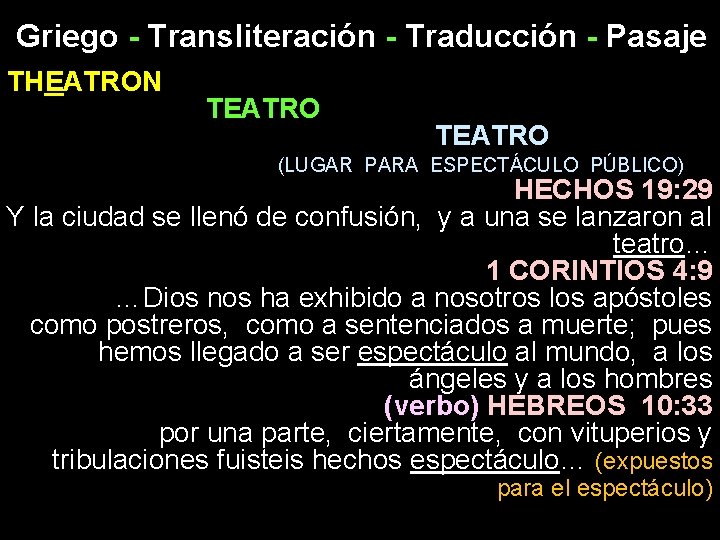 Griego - Transliteración - Traducción - Pasaje THEATRON TEATRO (LUGAR PARA ESPECTÁCULO PÚBLICO) HECHOS