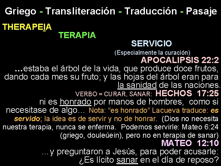 Griego - Transliteración - Traducción - Pasaje THERAPEIA TERAPIA SERVICIO (Especialmente la curación) APOCALIPSIS