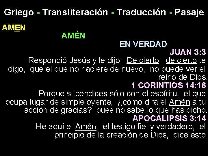 Griego - Transliteración - Traducción - Pasaje AMEN AMÉN EN VERDAD JUAN 3: 3