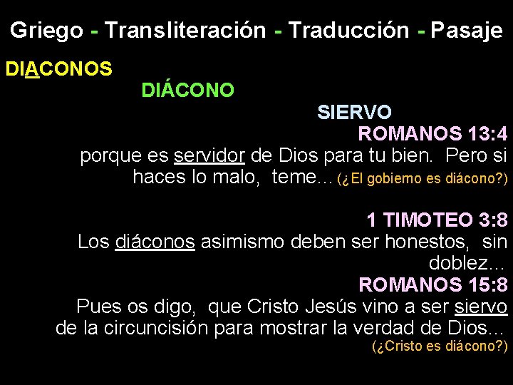 Griego - Transliteración - Traducción - Pasaje DIACONOS DIÁCONO SIERVO ROMANOS 13: 4 porque