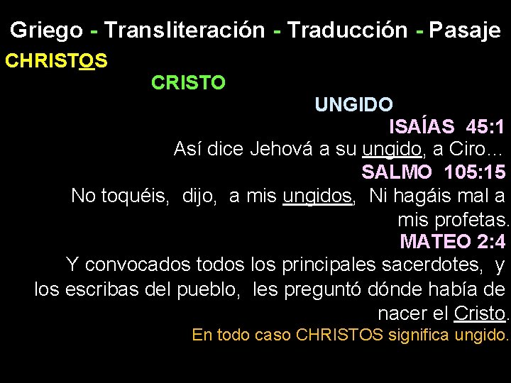 Griego - Transliteración - Traducción - Pasaje CHRISTOS CRISTO UNGIDO ISAÍAS 45: 1 Así