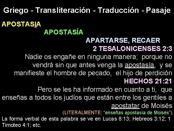 Griego - Transliteración - Traducción - Pasaje APOSTASIA APOSTASÍA APARTARSE, RECAER 2 TESALONICENSES 2: