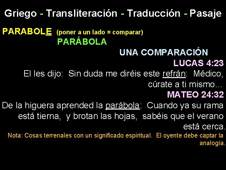 Griego - Transliteración - Traducción - Pasaje PARABOLE (poner a un lado = comparar)