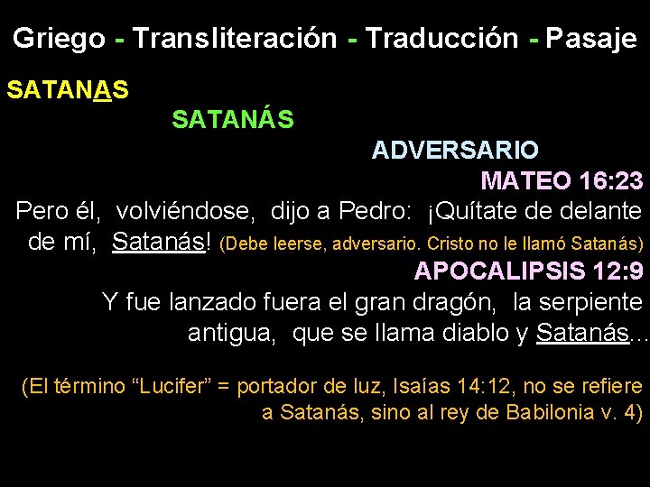 Griego - Transliteración - Traducción - Pasaje SATANAS SATANÁS ADVERSARIO MATEO 16: 23 Pero