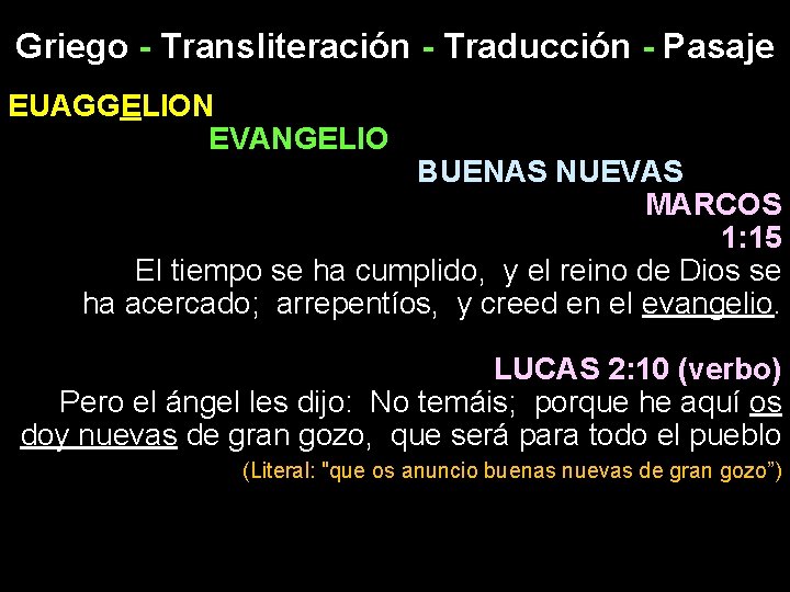 Griego - Transliteración - Traducción - Pasaje EUAGGELION EVANGELIO BUENAS NUEVAS MARCOS 1: 15