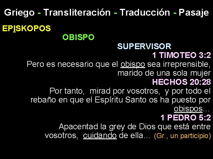 Griego - Transliteración - Traducción - Pasaje EPISKOPOS OBISPO SUPERVISOR 1 TIMOTEO 3: 2