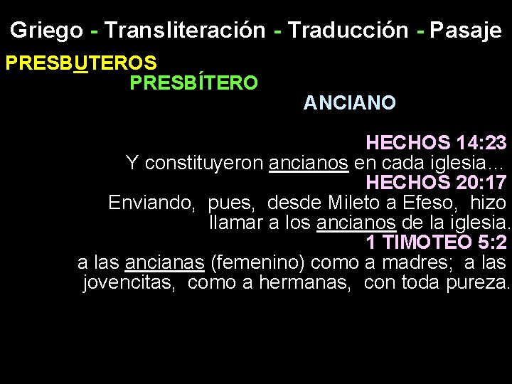 Griego - Transliteración - Traducción - Pasaje PRESBUTEROS PRESBÍTERO ANCIANO HECHOS 14: 23 Y